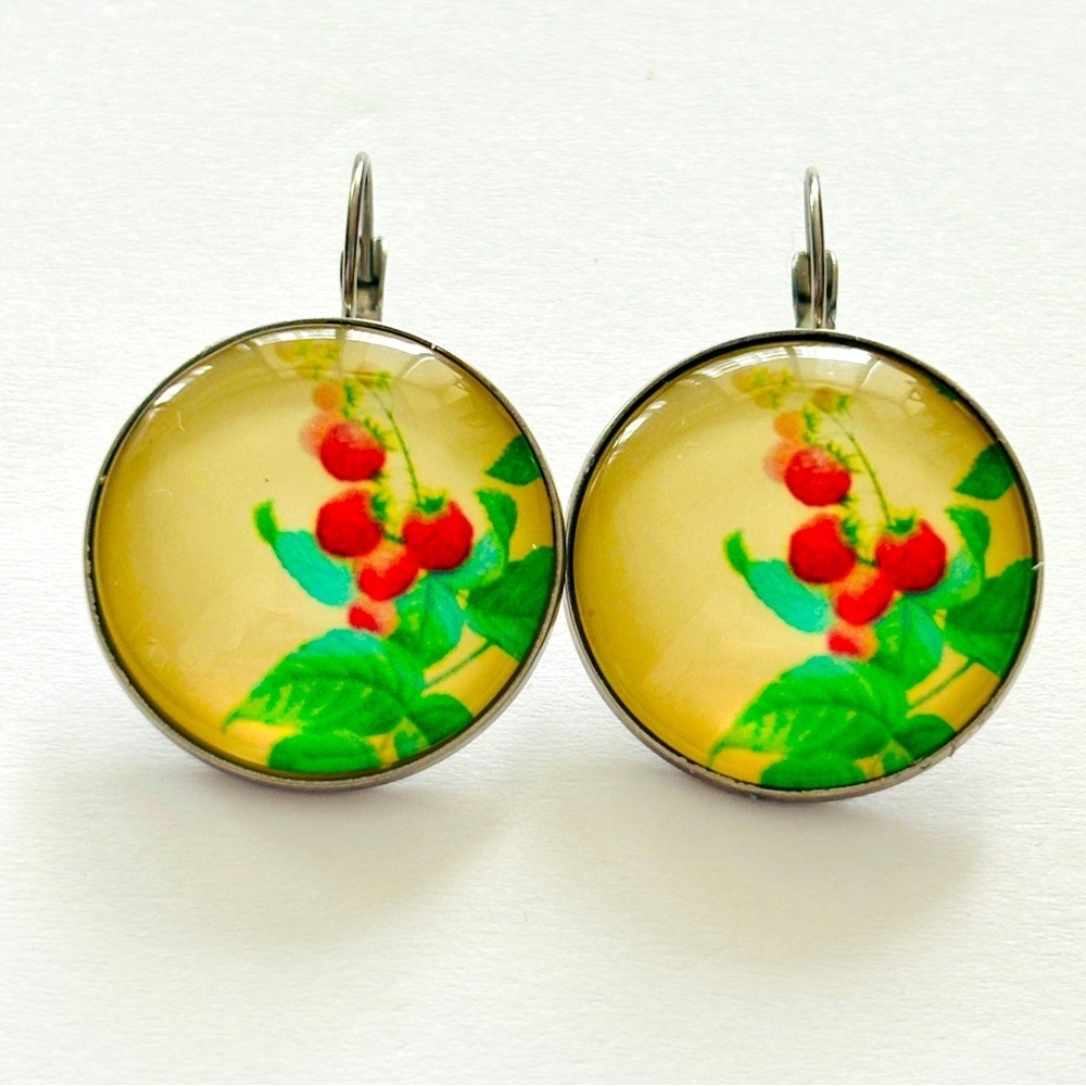 Strawberry Print Stainless Steel French Clasp Earrings, 25mm, NWT